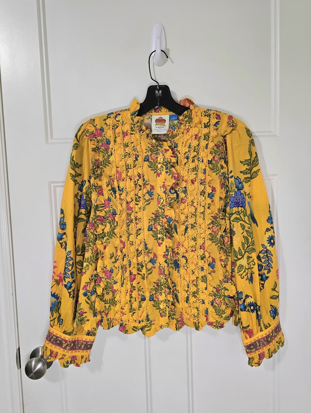 Farm Rio Anthropologie Puff- Sleeve Ruched Blouse Yellow Floral LS Button Up Med - Picture 3 of 10
